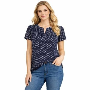 EUC Women's Ann Taylor Top XS Navy Polka Dot Short Sleeve Blouse